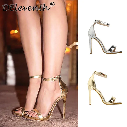 Fashion 10.5CM High Heels Sandals Shoes Round Toe PU Thin High Heels Buckle Strap