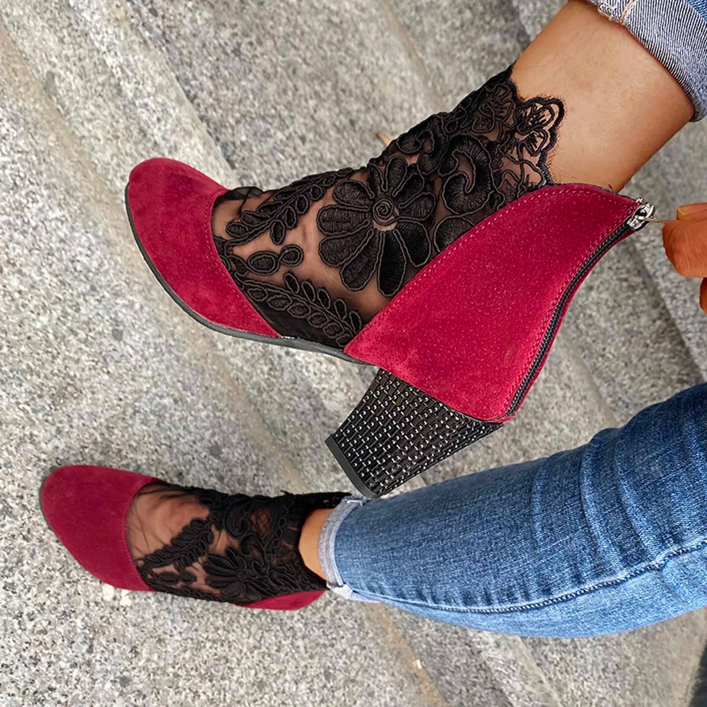 New Vintage Patchwork Embroidery Ankle Boots Women Breathable Mesh Crystal