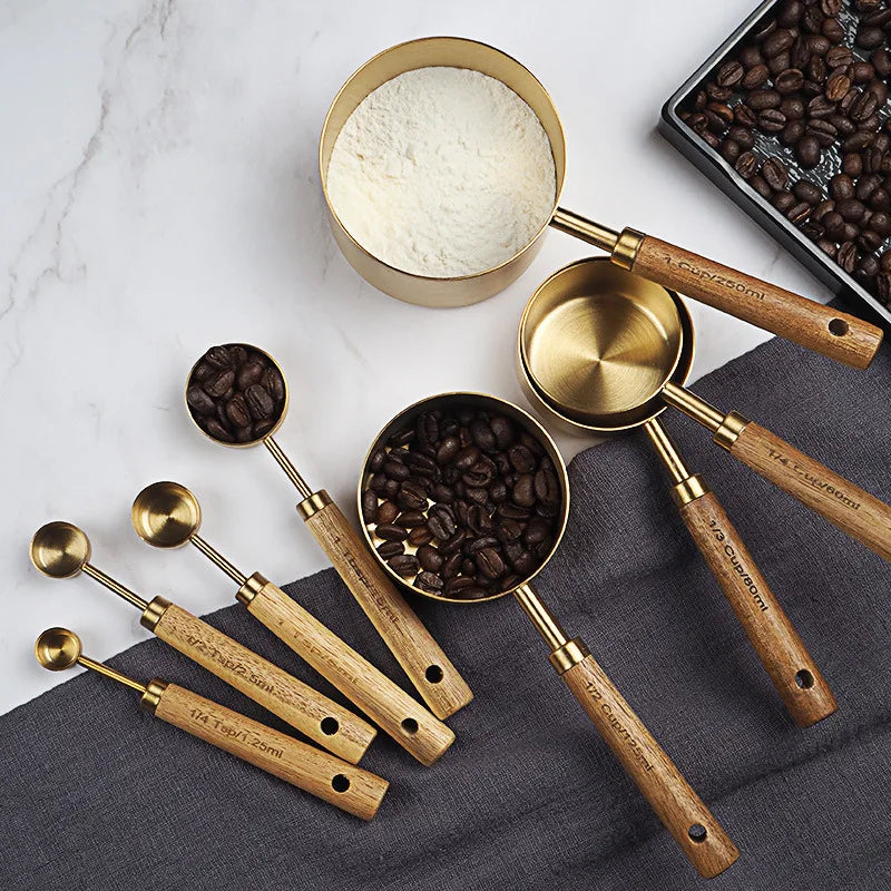 8PCS Wooden Handle Measuring Spoon Stainless Steel Spices Measuring Cup  Scoop Kitchen Accessories