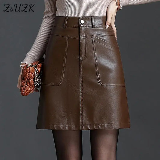 Leather Sexy Skirt  Black Coffee Simple Elegant Short Bodycon Skirt Boot skirt