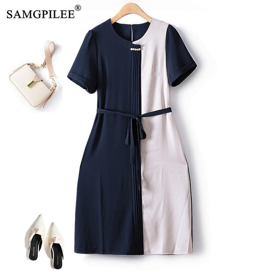 Elegant Party Dresses For Women Summer Slim Commuter Style Color Matching Pinch Pleats