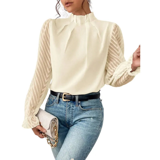 Half-turtleneck Pullover Solid Color Chiffon Shirt Women's Wave Print Ruffle Long Sleeve Blouse