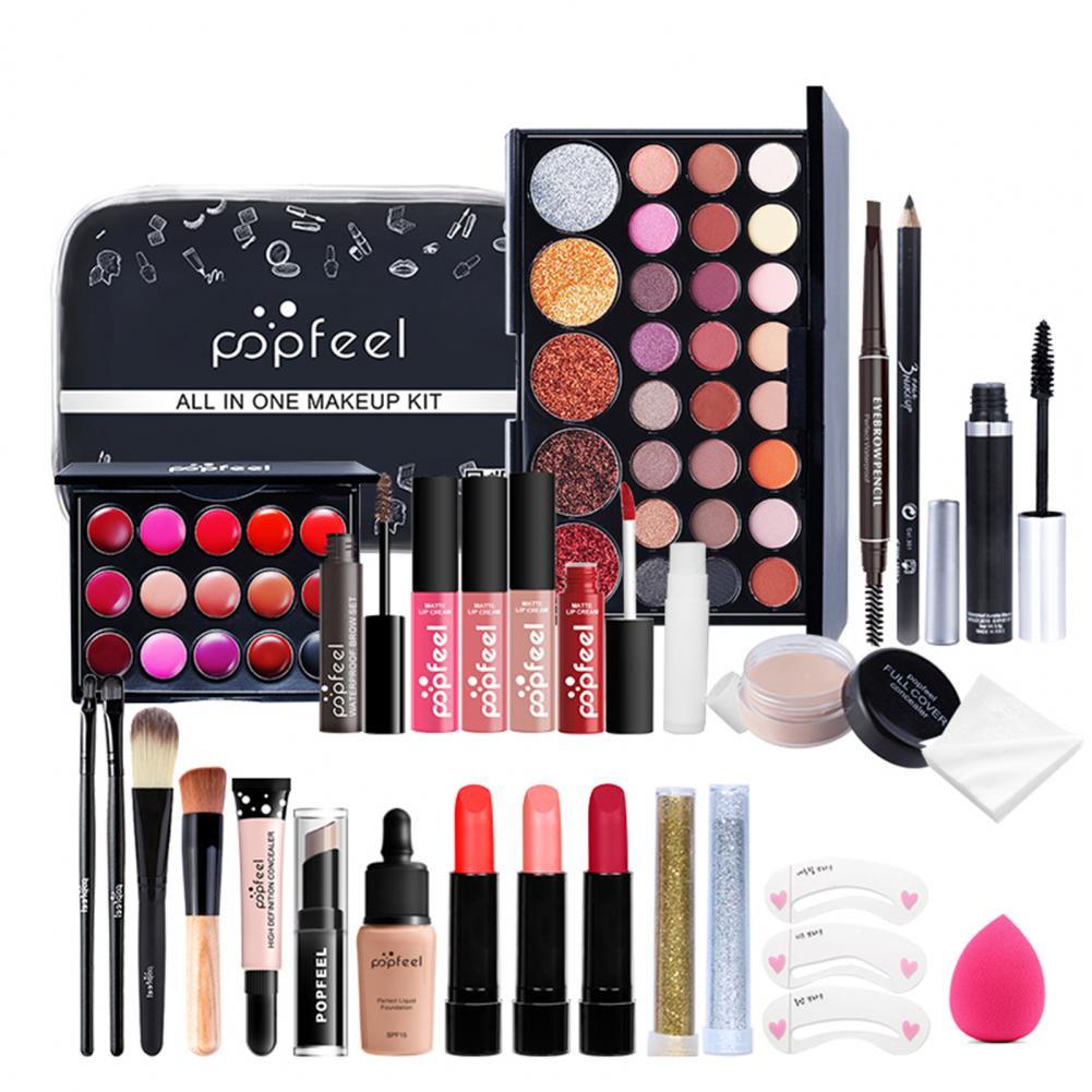 30Pcs Makeup Set Professional Makeup Case Kit Eyeshadow Lipstick Makeup Brush Concealer Powder Puff Eyebrow Pencil