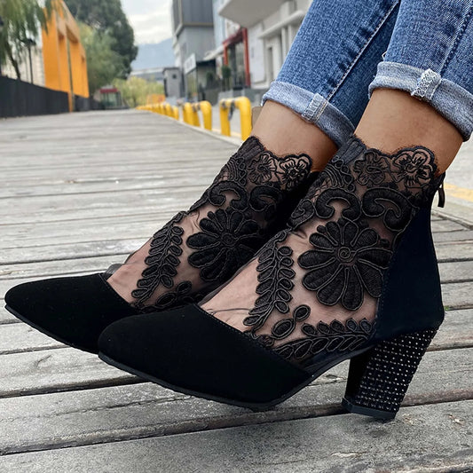 New Vintage Patchwork Embroidery Ankle Boots Women Breathable Mesh Crystal