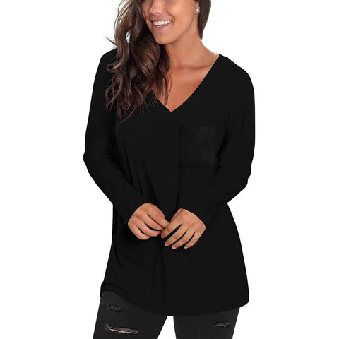 WOMEN'S LONG SLEEVE T-SHIRT V-NECK LONG SLEEVE LOOSE POCKET TOP